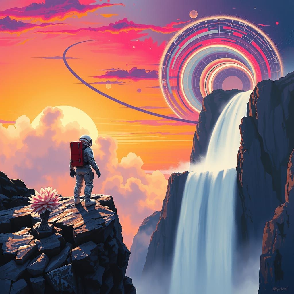 Astronaut Gazes at Upward Waterfall in Cosmic Energy Vortex