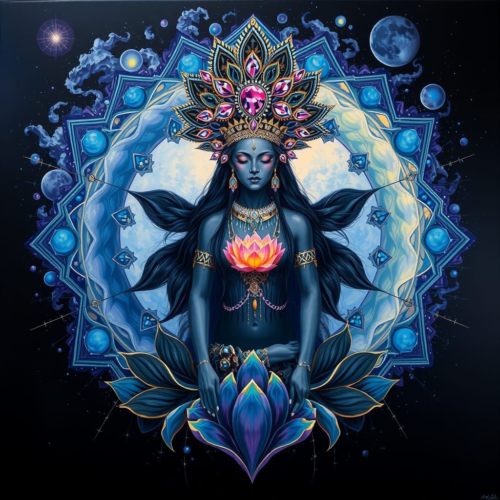 Cosmic Goddess of the Black Lotus in Vibrant, Iridescent Oil...