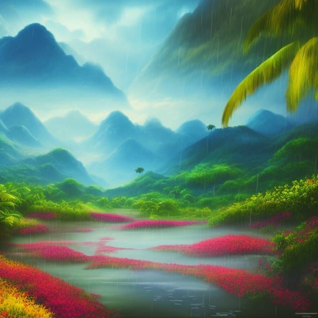 Tropical Beach Monsoon Rain: Detailed Matte Painting