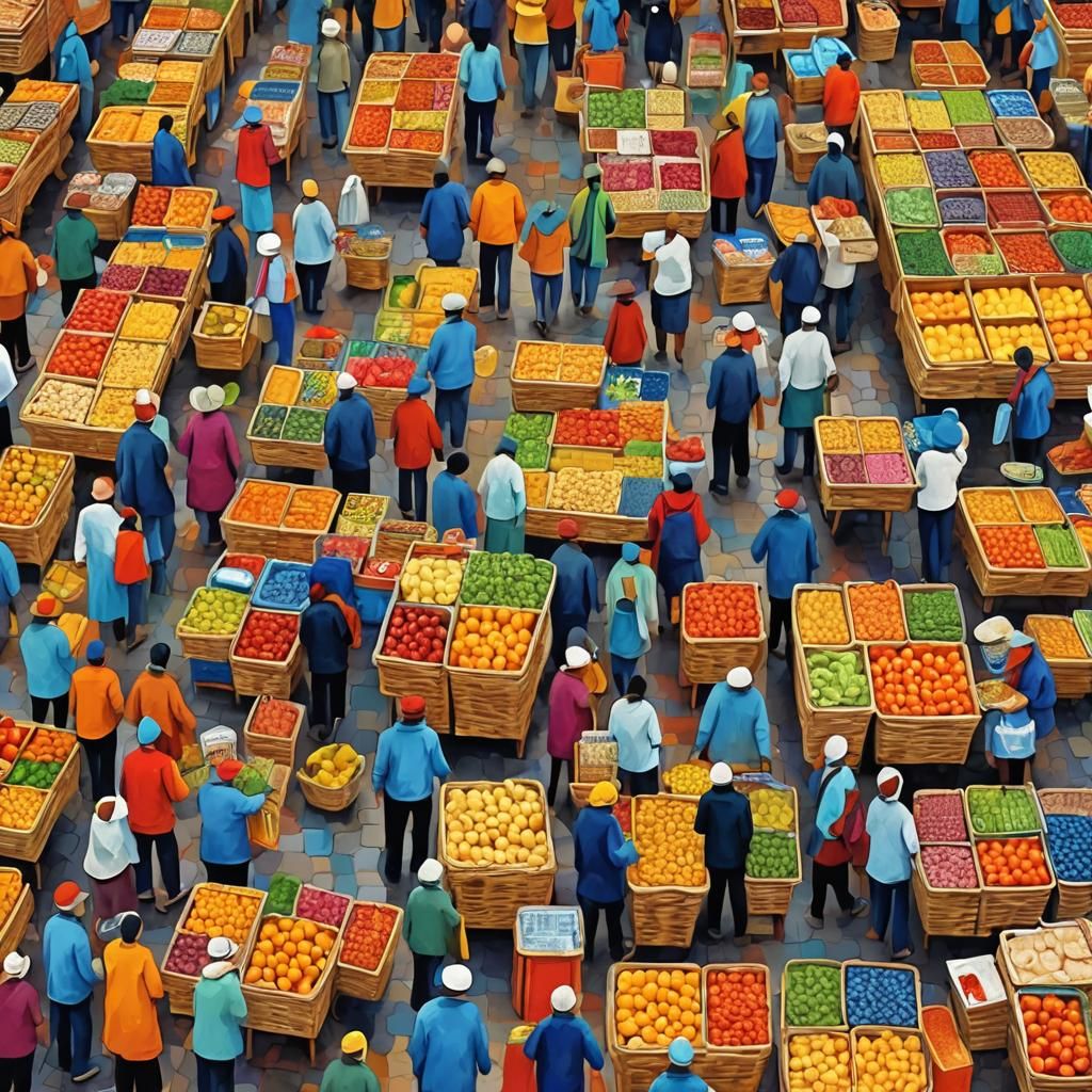 Colorful Marketplace Scene in Abstract Digital Art