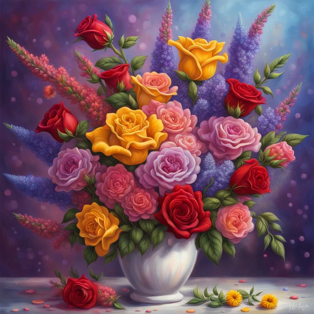 Vibrant Floral Bouquet with Dewdrops as Splash Art
