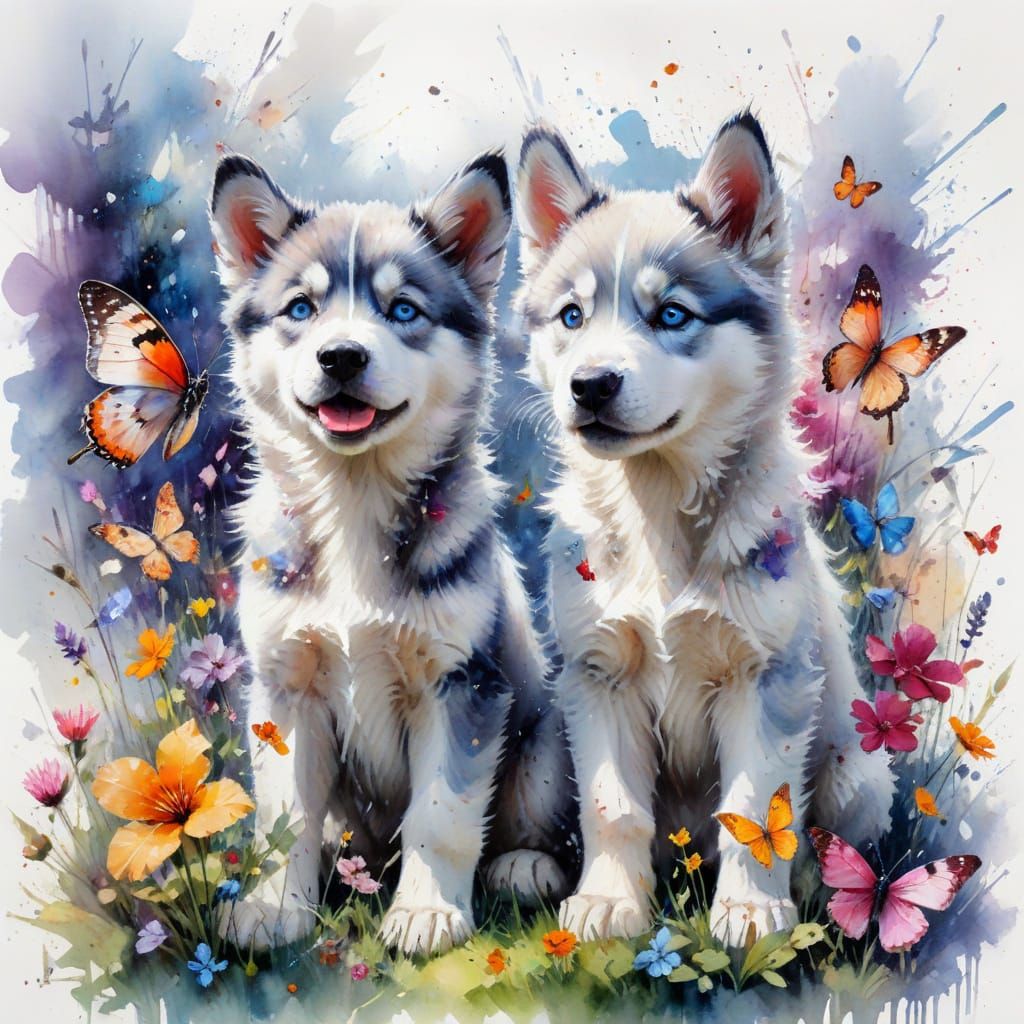 Fluffy Husky Cubs Play Among Butterflies and Flowers