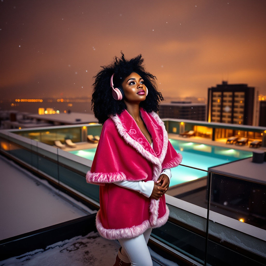 Black Woman on Rooftop in Snow, Cinematic Film Still