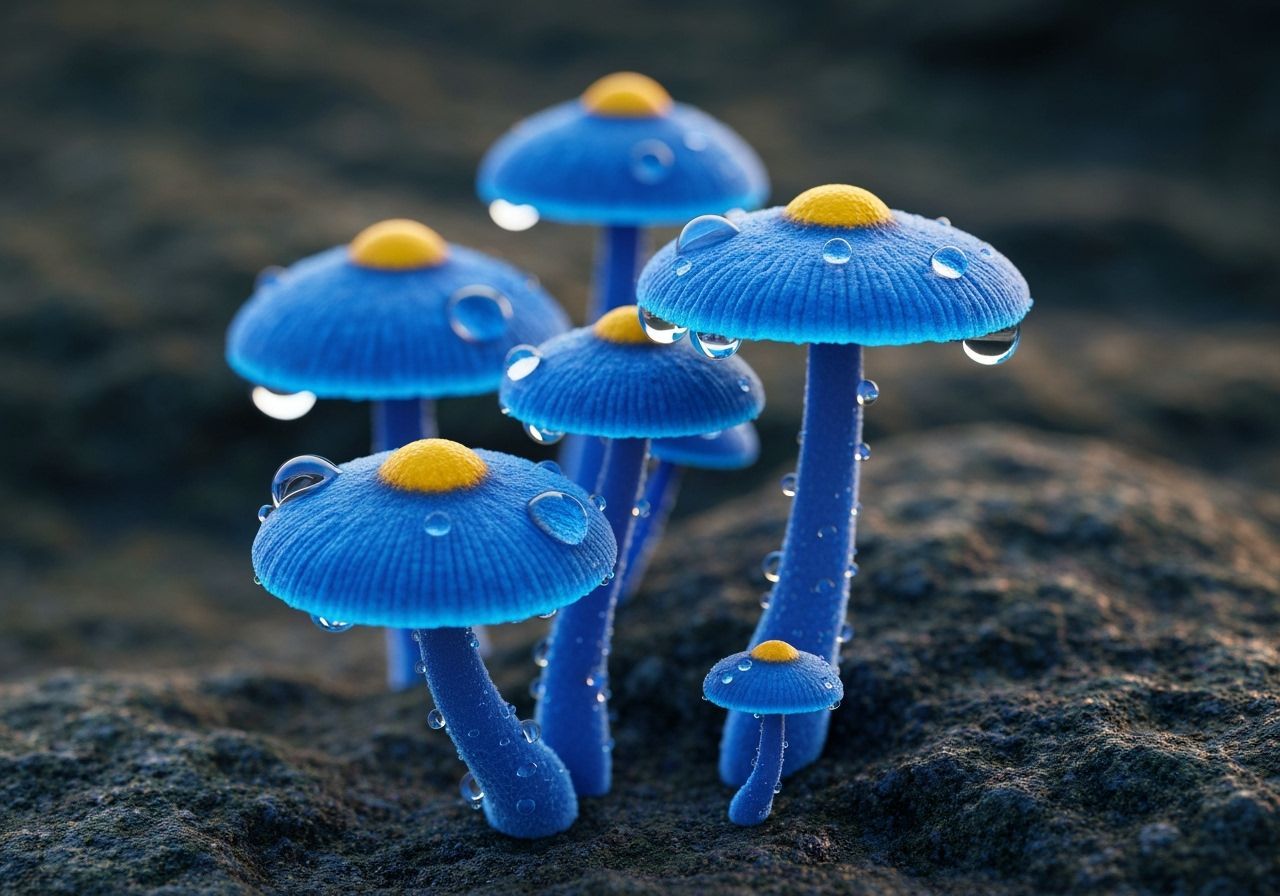 Glowing Blue Mushrooms in Microscopic Style