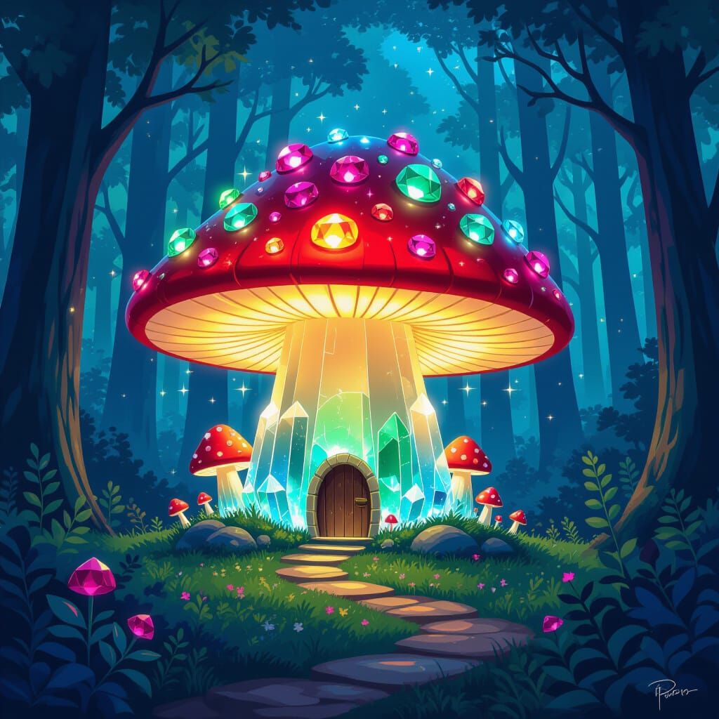 Crystal Mushroom House Adorned with Rubies and Emeralds