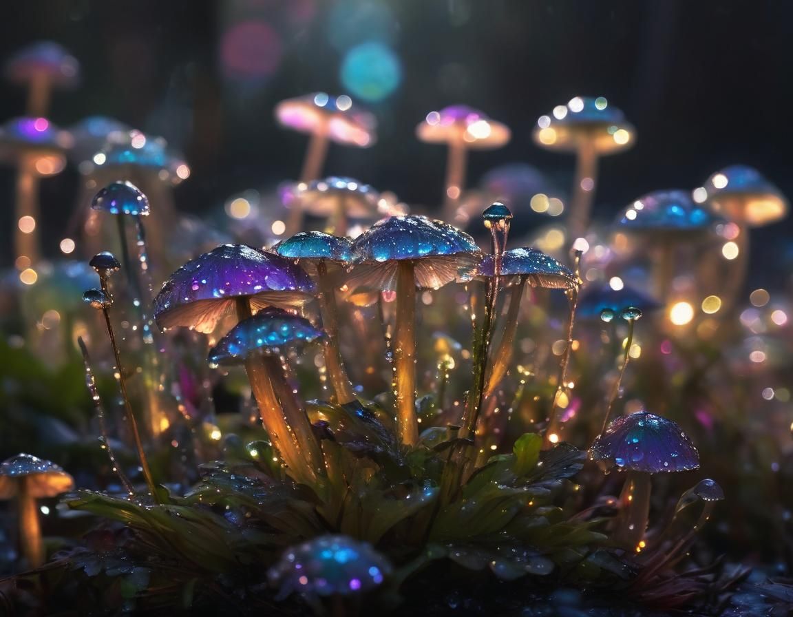 Rainbow Iridescent Dew Covered Flowers in Moonlight