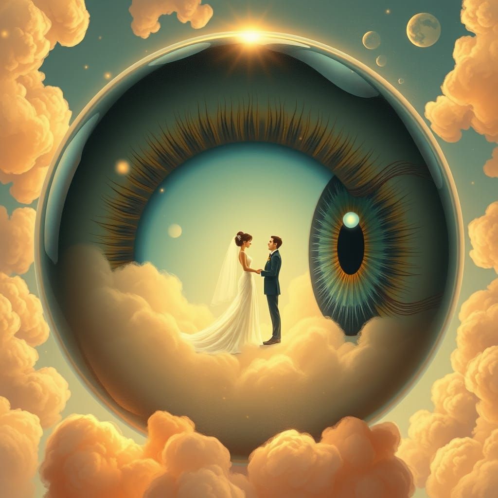 Surreal Wedding Scene Inside a Translucent Giant's Eye