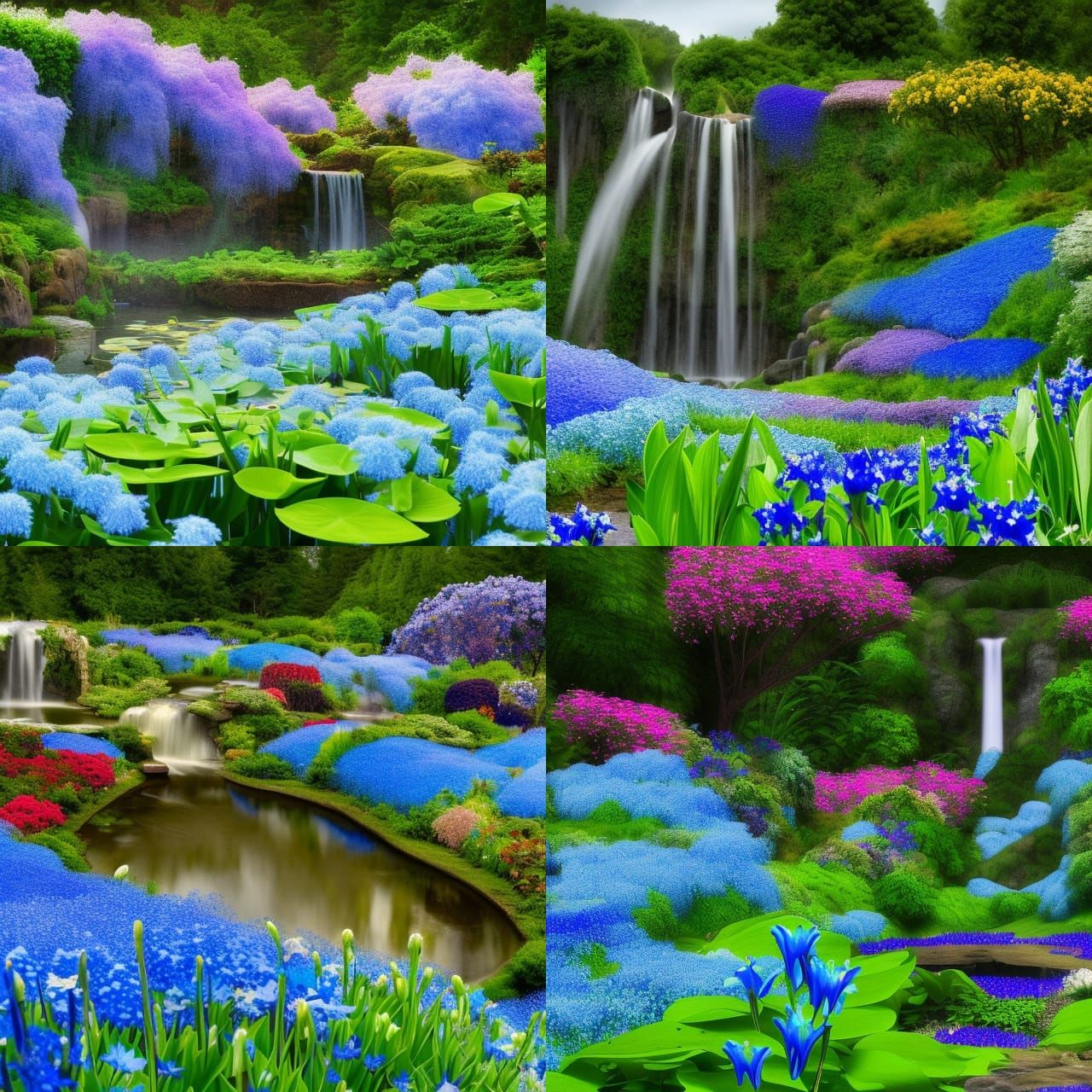 Dreamy Garden Landscape with Waterfalls and Blue Flowers