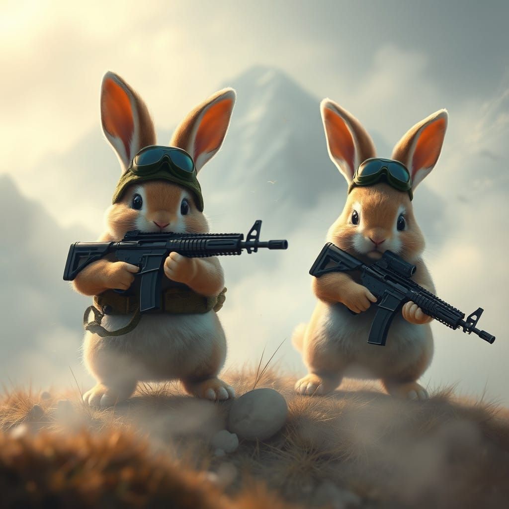 Whimsical Mountain Rabbits in Tactical Gear Hunt with Stealt...