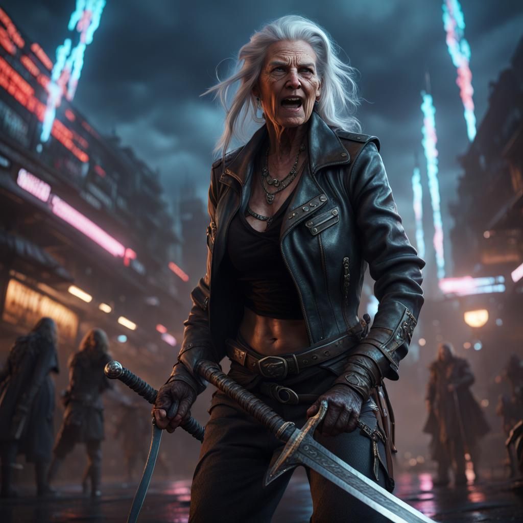 Cyberpunk Elder Battles Dark Forces in Falling Sky