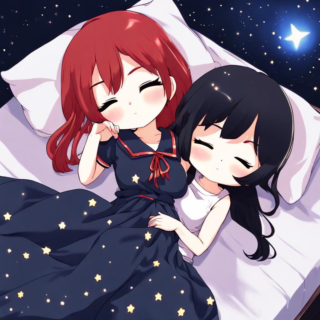 Chibi Anime Girls Sleeping Under Starry Night