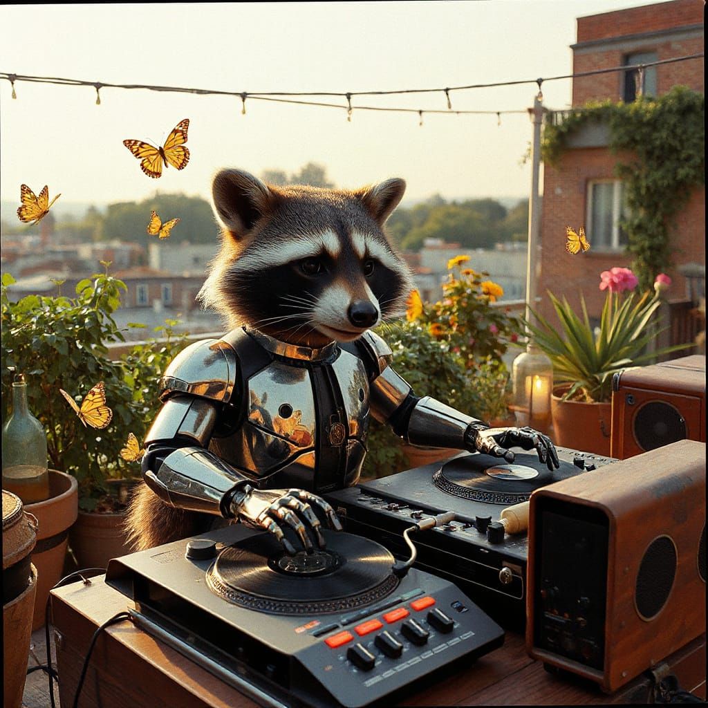 Robot Raccoon DJ at Rooftop Garden Party