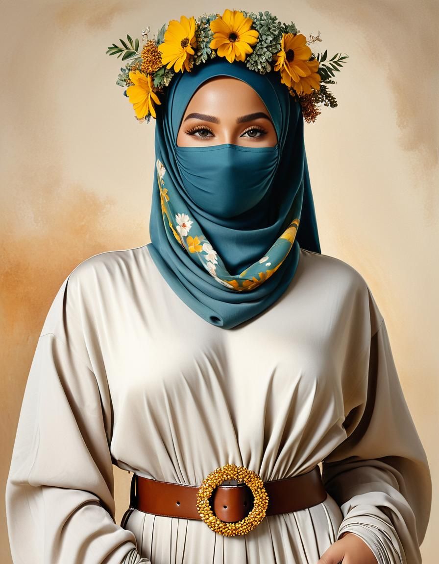 Neolithic Woman in Floral Wreath: Watercolor Painting