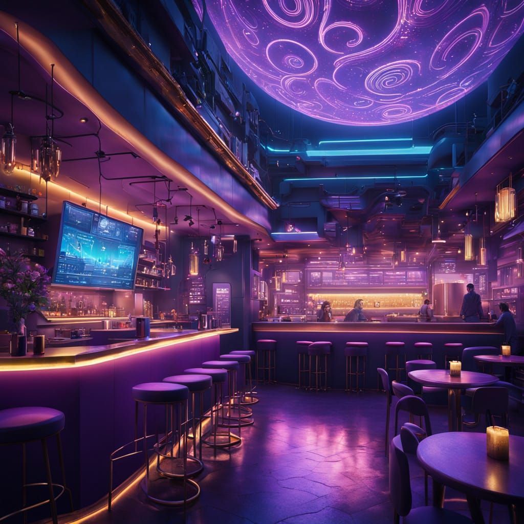 Surreal NightCafe Illuminated by Neon Accents and Golden Glo...