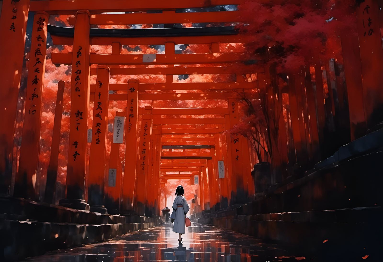 Girl in Kimono Walking Through Torii Tunnel in Anime Style