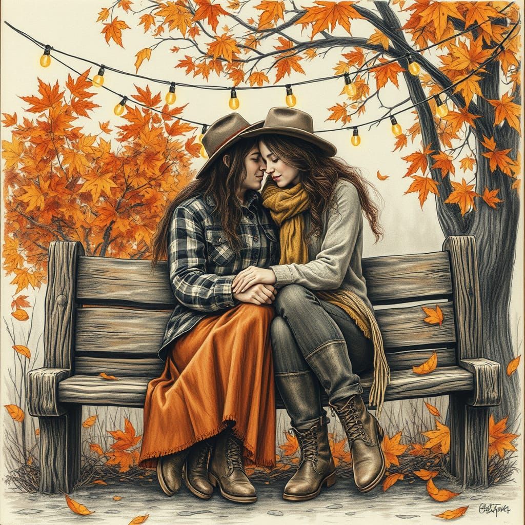 Cozy Autumn Couple in Charcoal Drawing Style
