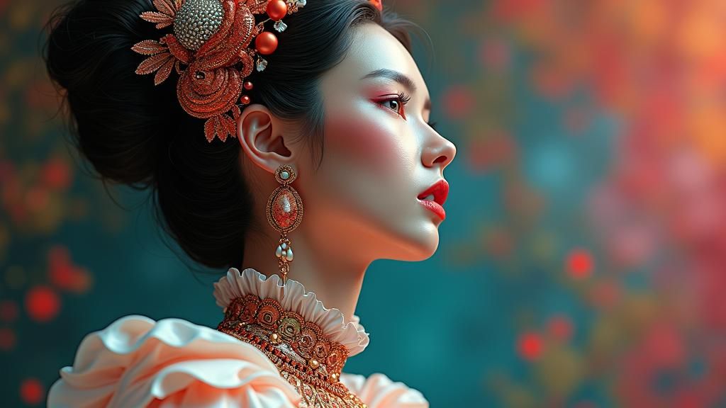 Retrofuturistic Woman in Iridescent Clothing