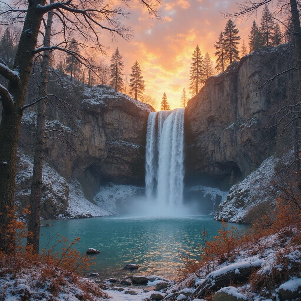 Winter Sunset Waterfall: Hyperrealistic Parchment Painting