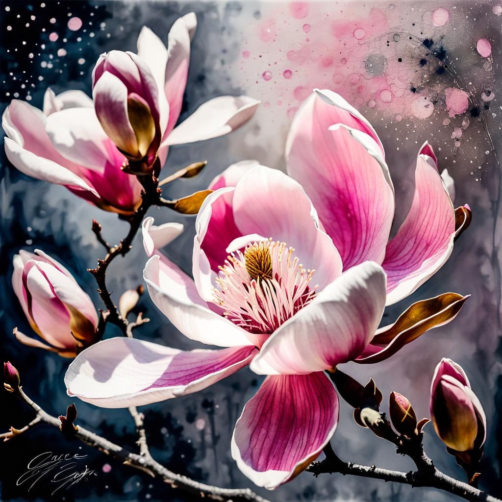 Mystical Magnolia Bloom in Pale Pink Silk Painting