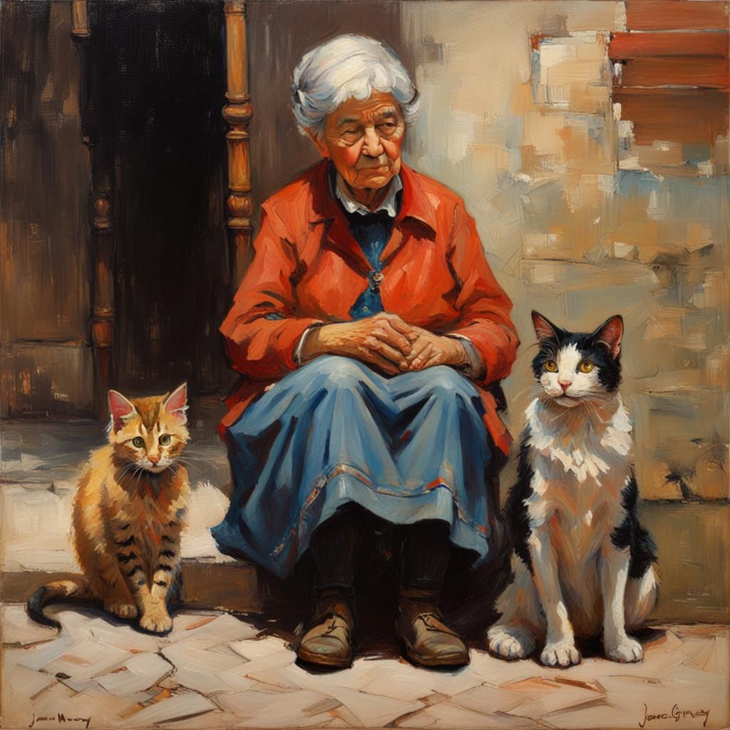 Grandmother and Granddaughter by Fire, Oil Painting