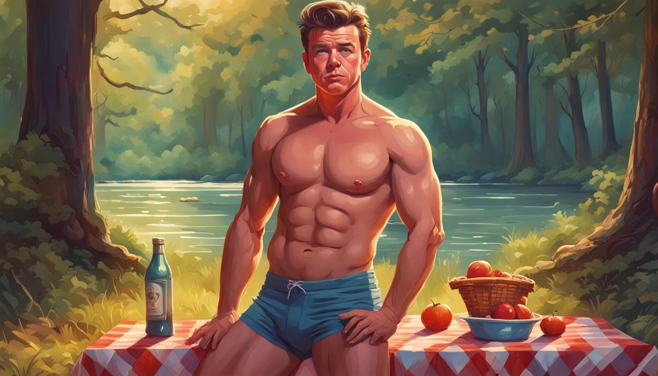 Hyperrealistic Muscular Man Invites to Picnic in Woods