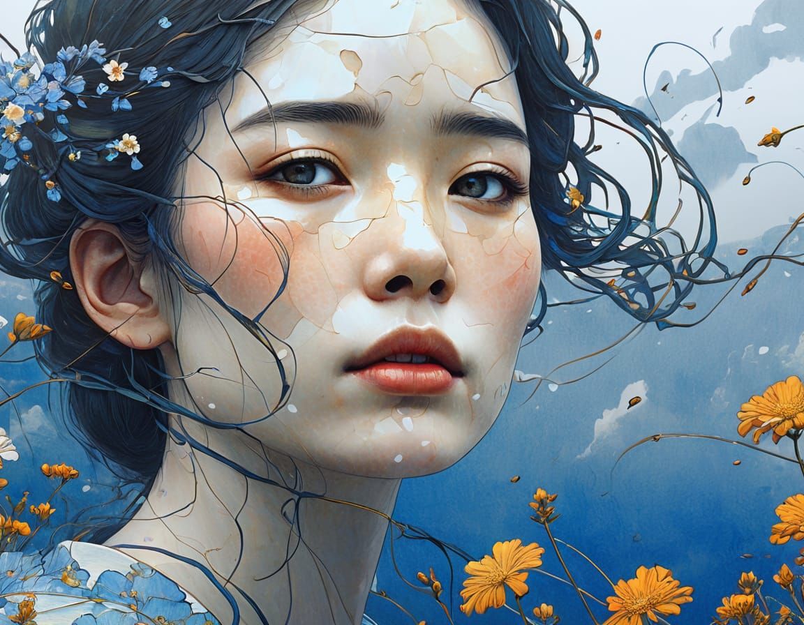 Woman's Face With Flowers in Watercolour Style