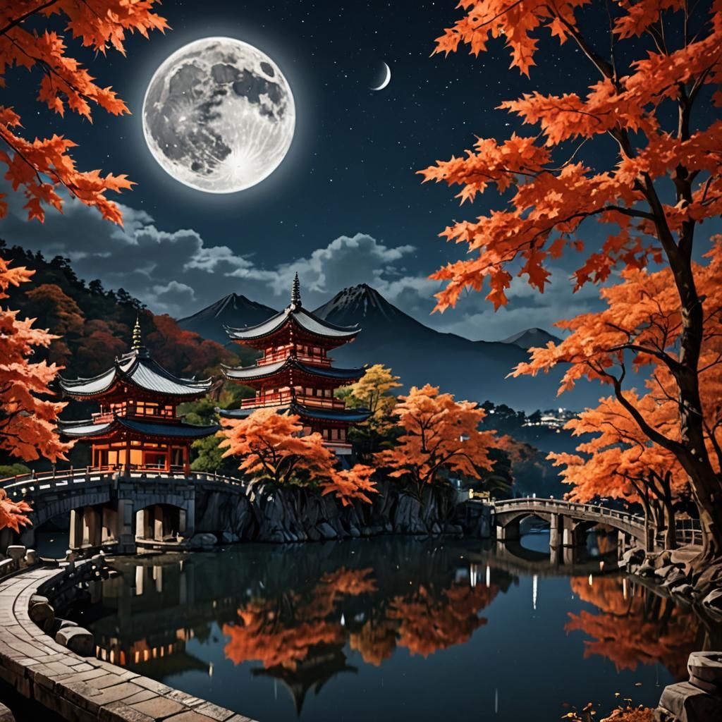 Autumn Leaves Falling on Pagoda Under Full Moon