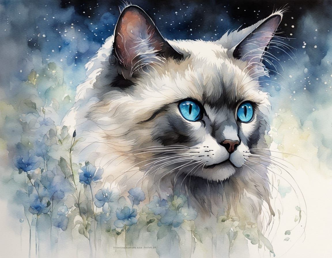 Balinese Cat with Blue Eyes in Ethereal Mist