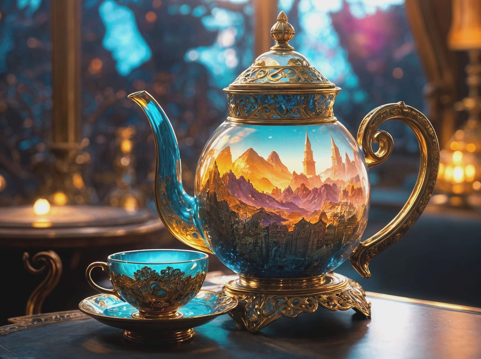 Golden Teapot Illuminated in Vibrant Fantasy Art