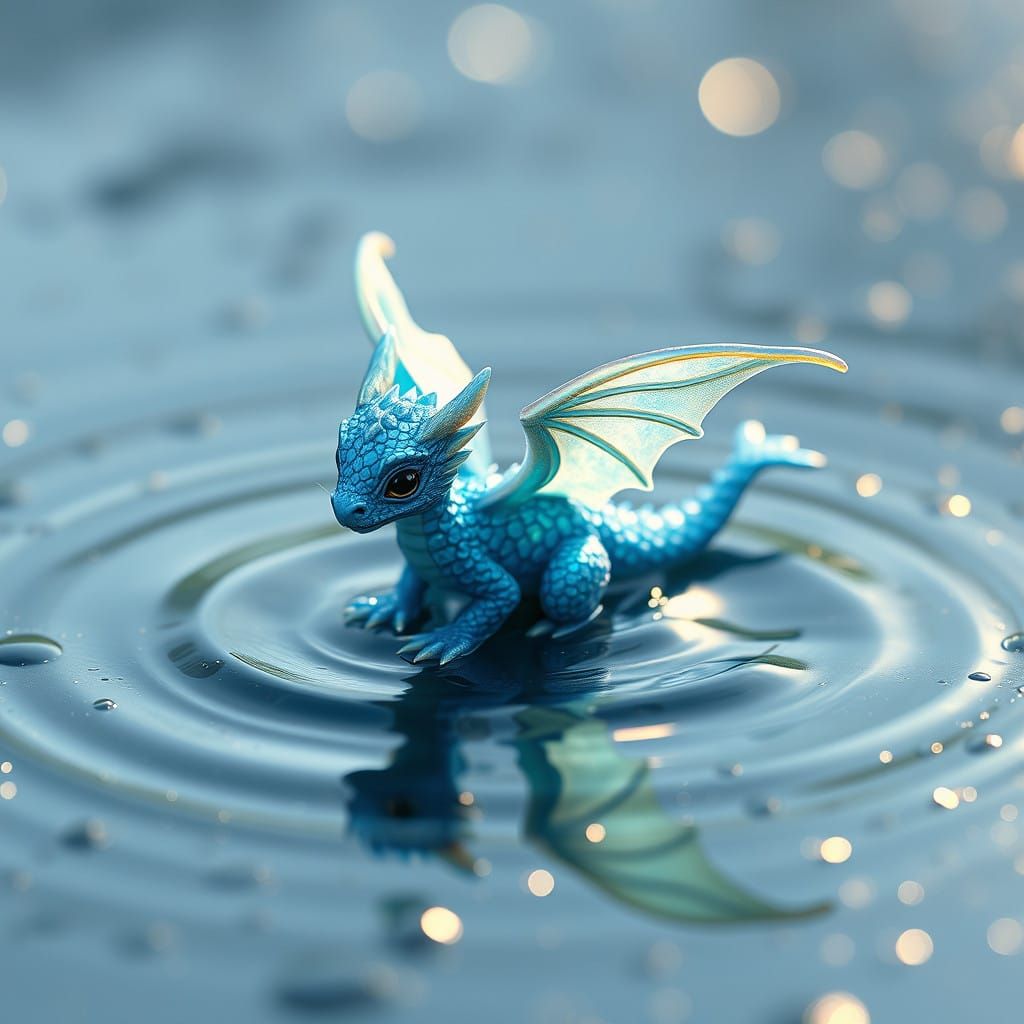 Dreamlike Dragon Plays in Shimmering Rain Puddle in Cyberpun...