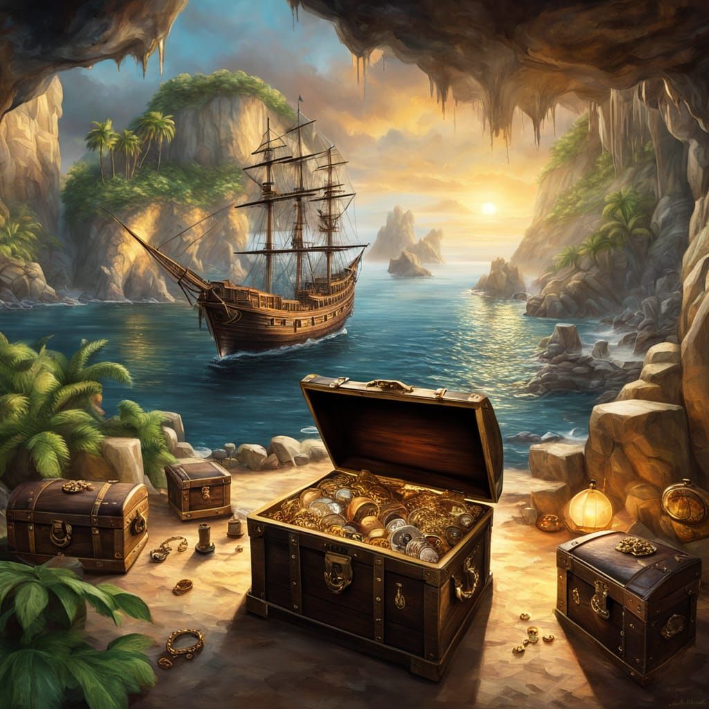 Hyper-Realistic Pirate's Cove with Treasure, Digital Art