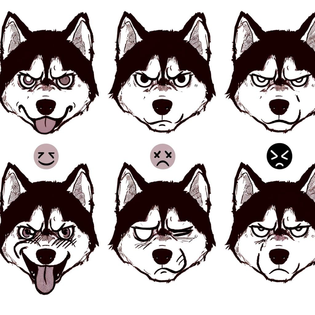 Grumpy Husky Expressions in Manga Style Pencil Drawings