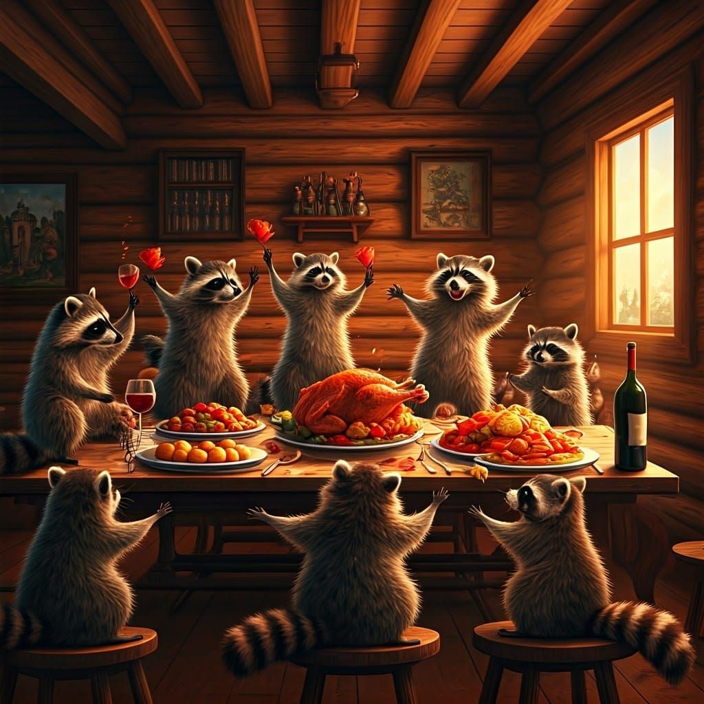Raccoons Celebrate Thanksgiving in a Cozy Cabin