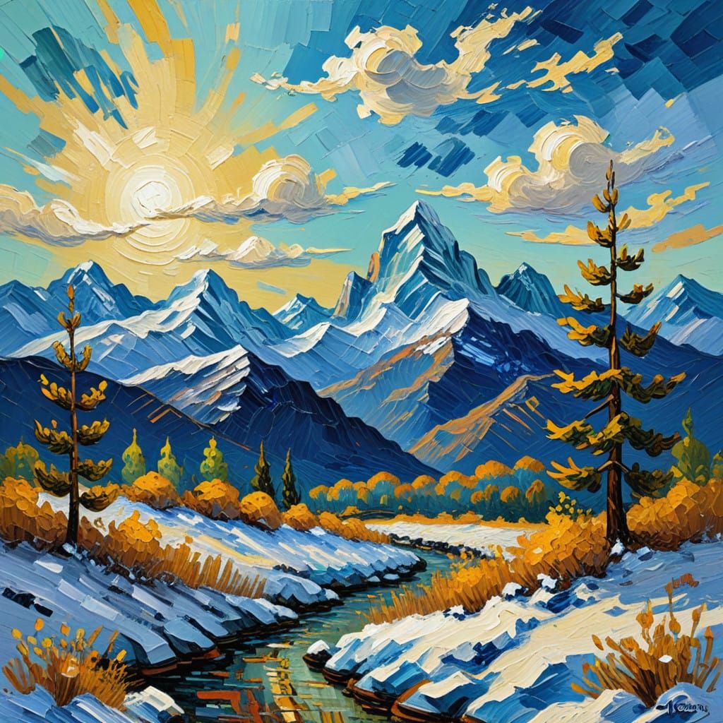 Impasto Mountains Under a Vibrant Winter Sky