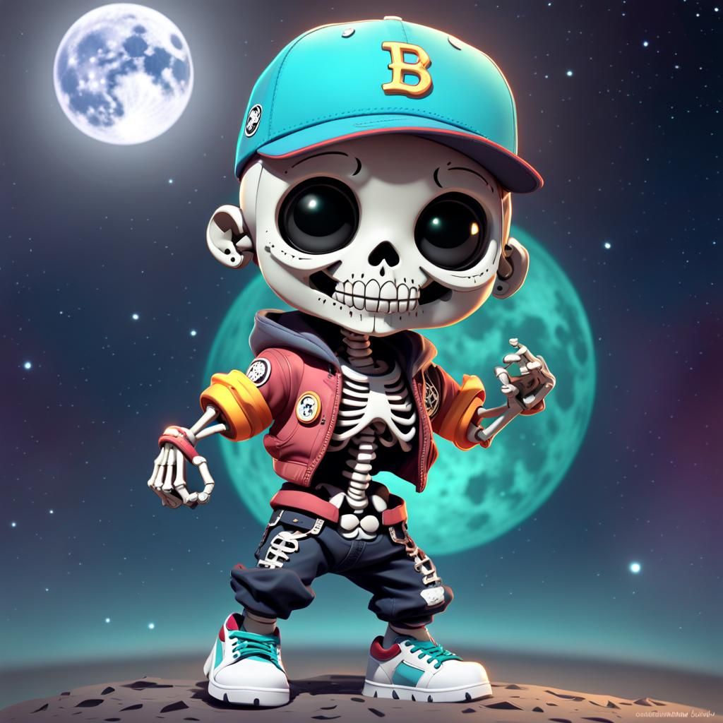 Cute Chibi Skeleton Dancing on the Moon