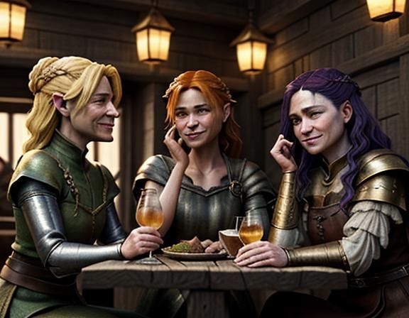 Female Goblins Enjoying Cocktails in Rustic Tavern