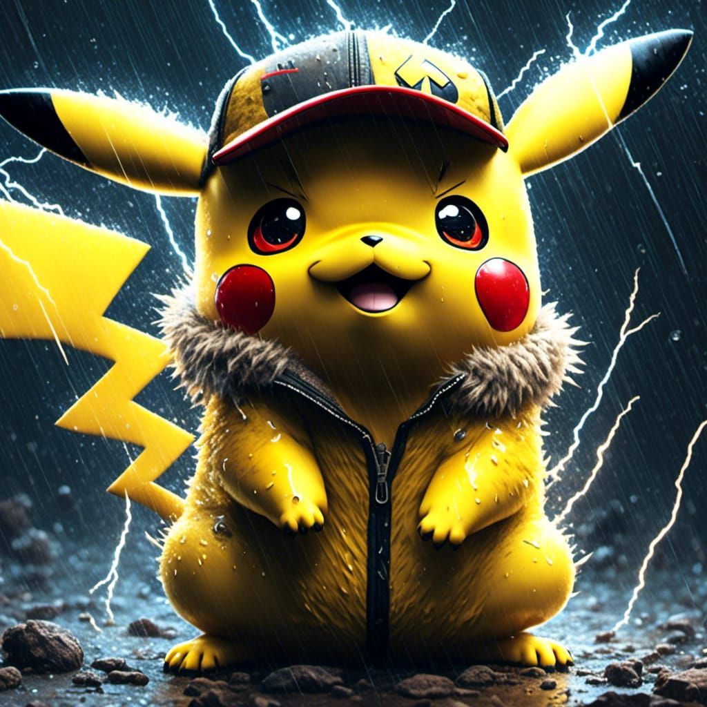 Hyperrealistic Portrait of Pikachu in Rain and Lightning