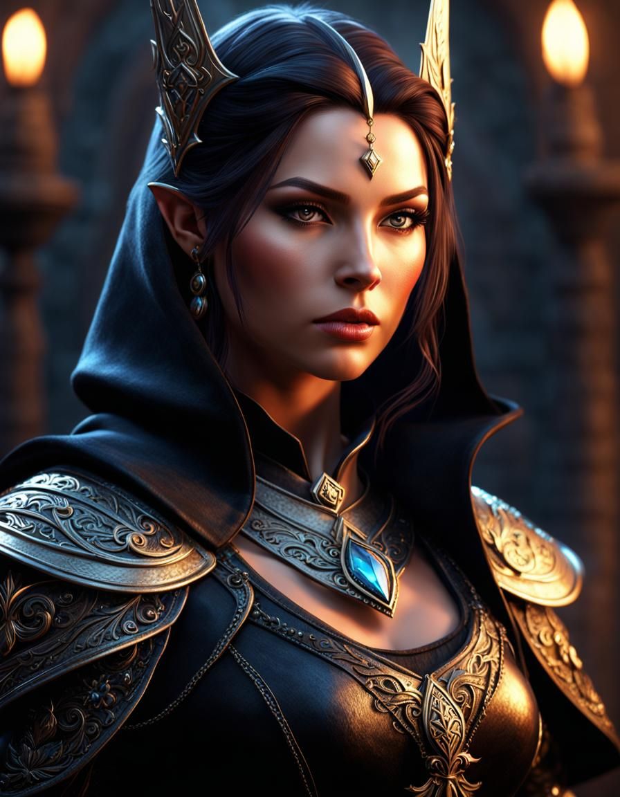 Medieval Huntress in Gothic Attire with Magic Jewel