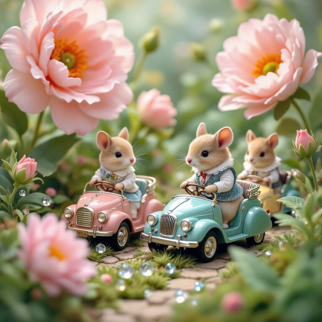 Miniature Animals Driving in a Whimsical Garden