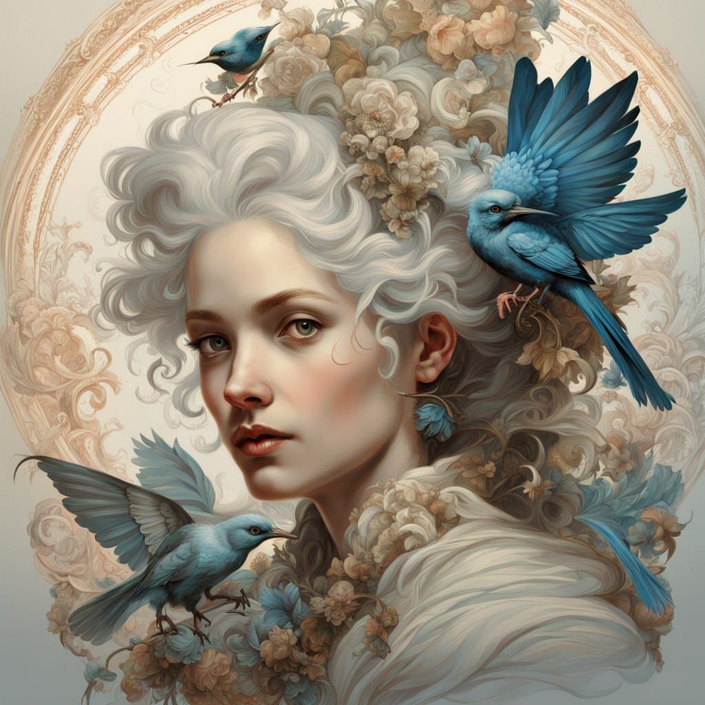 Baroque Portrait of Woman with Birds in Hair