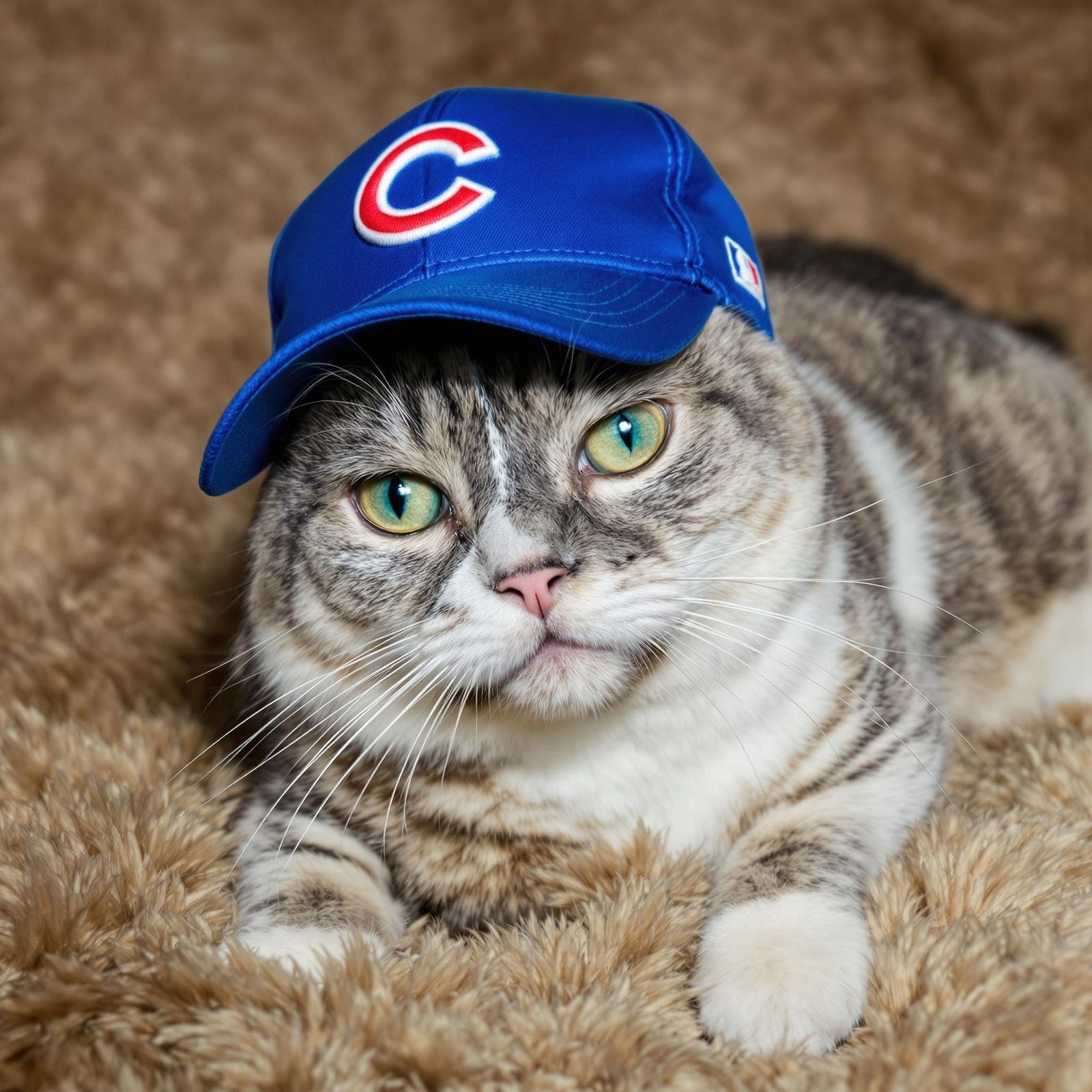 Stylish Gray Cat Wears Royal Blue Cubs Cap