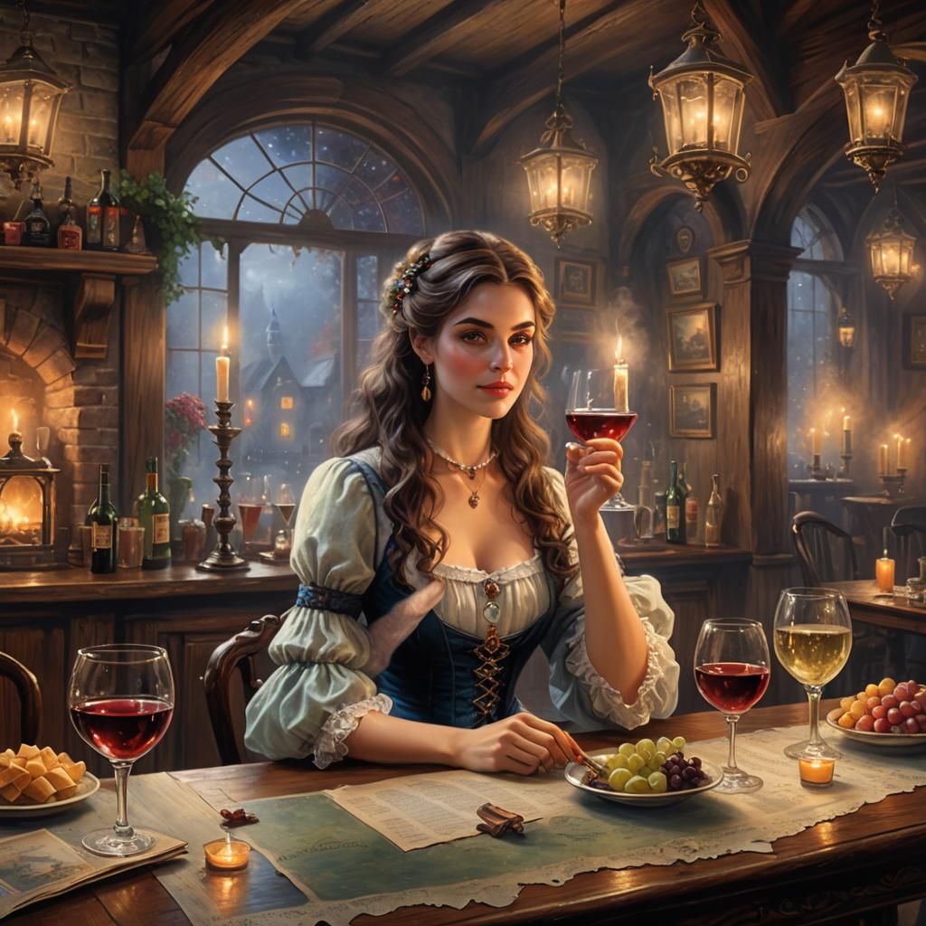 Victorian Tavern Scene with Girl Drinking Wine