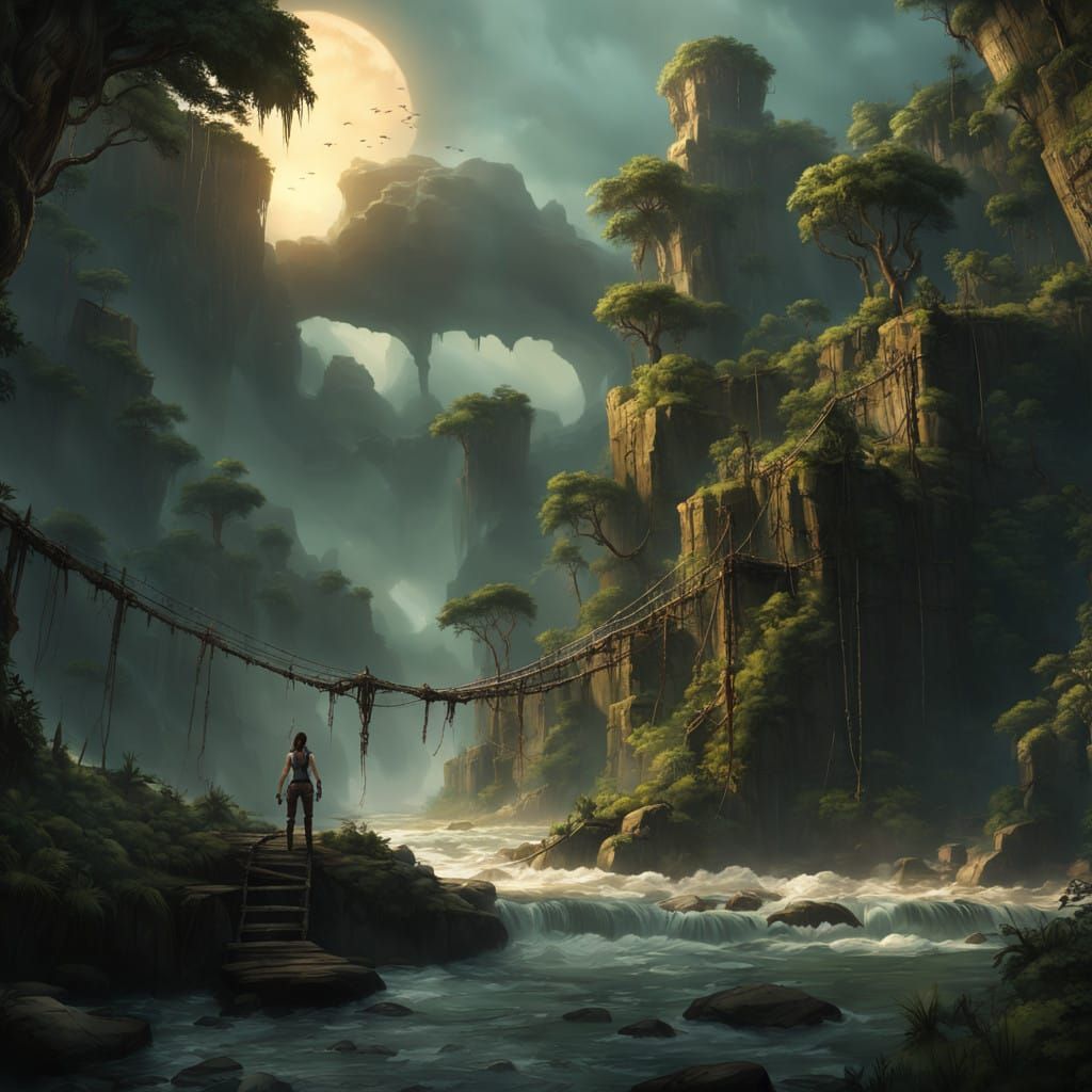 Lara Croft crosses a fragile rope bridge over a raging river. dark stormy clouds, dense jungle. Very detailed.