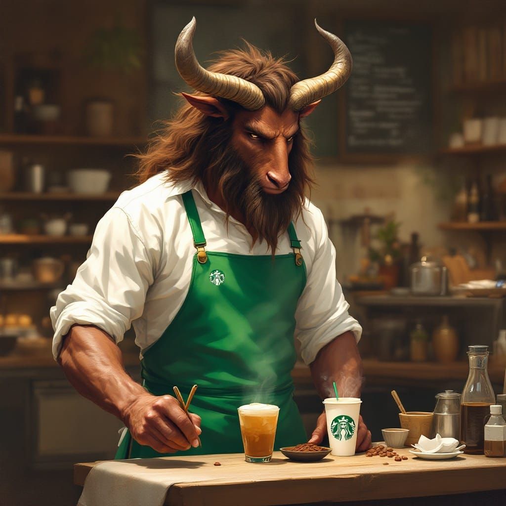 Minotaur Barista in Digital Painting Style