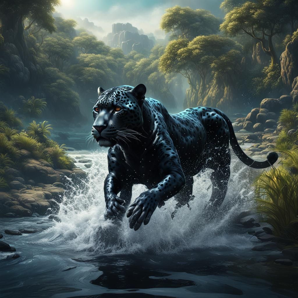 Black Jaguar in River: Detailed Matte Painting