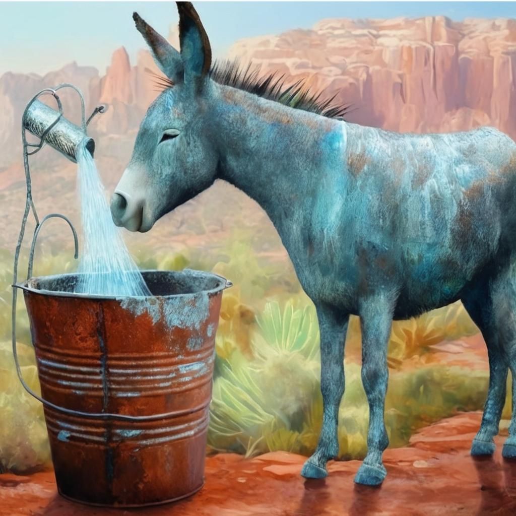 Donkey Drinks in Bluebonnet Field: Oil Painting