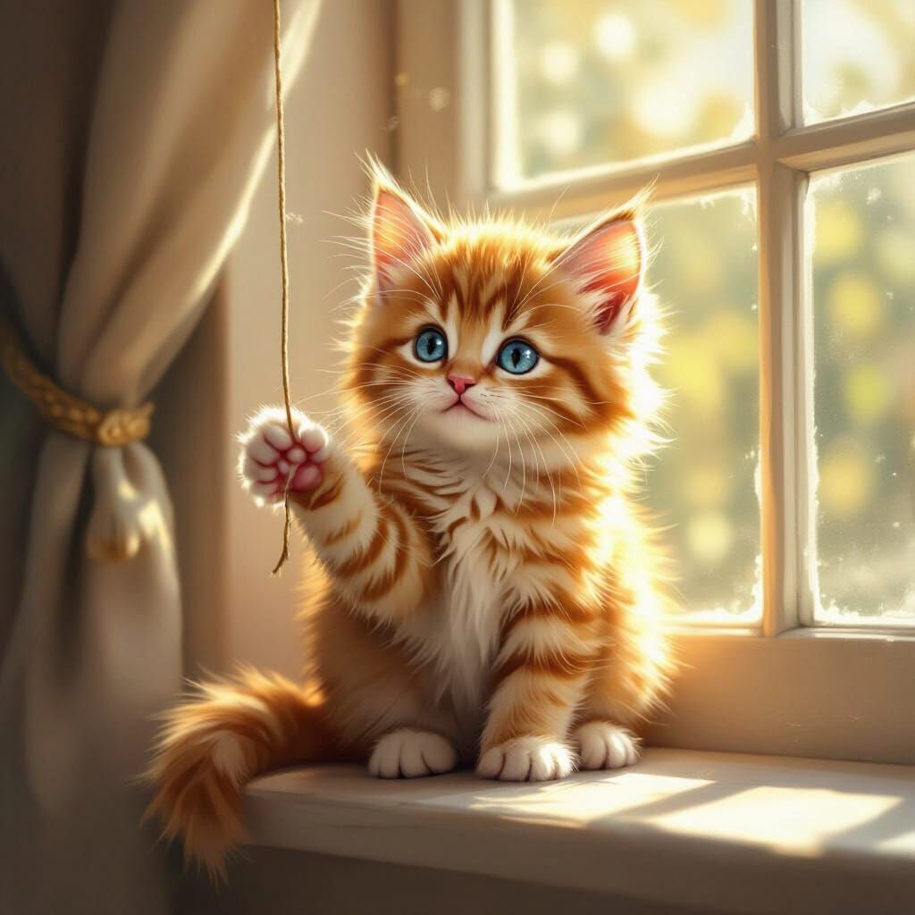 Fluffy Ginger Kitten on Sunlit Windowsill