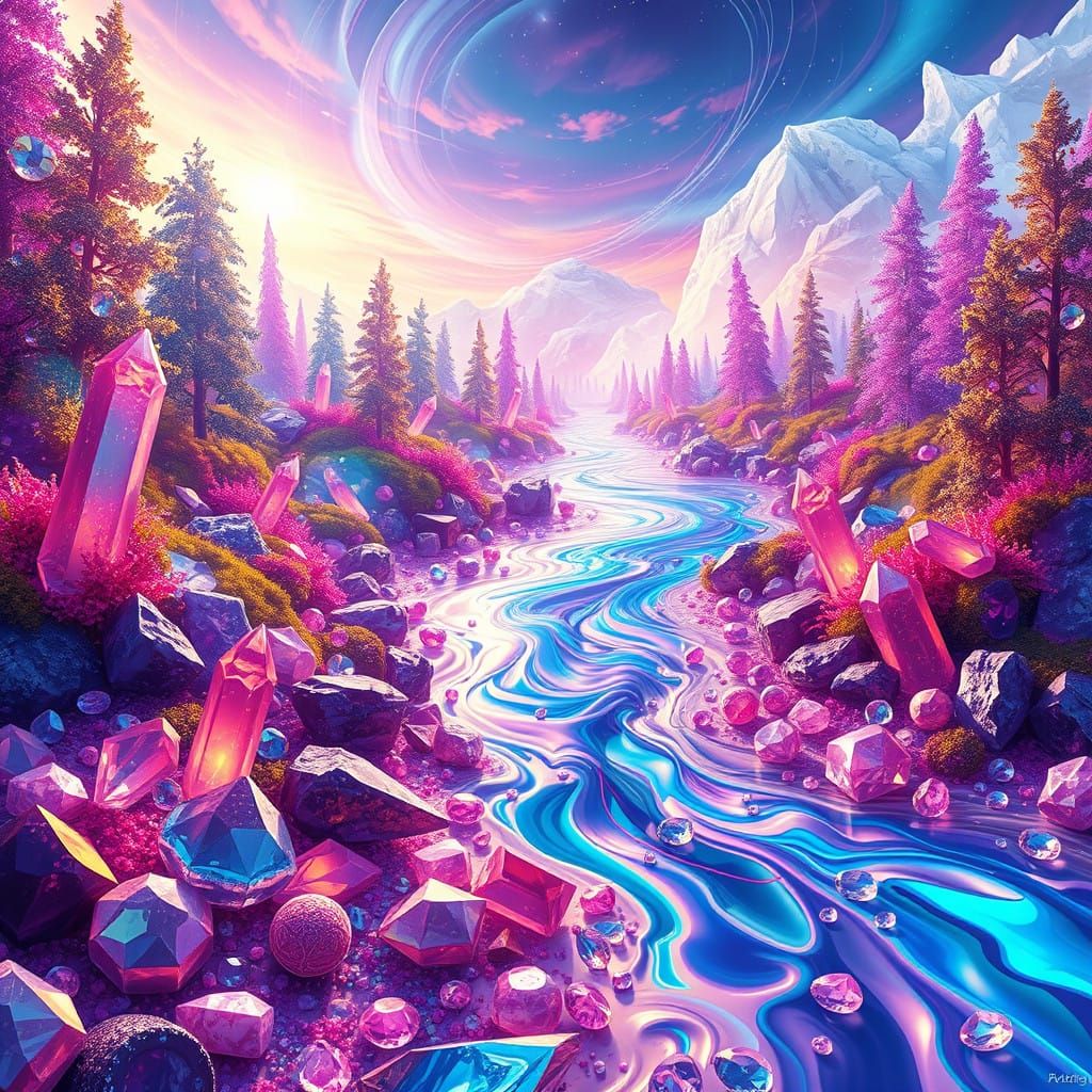 Crystal Forest Oasis with Iridescent Candy River