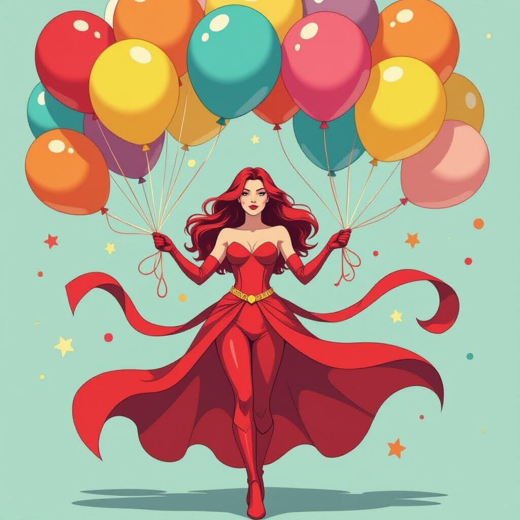 Scarlet Witch and Party Balloons in Whimsical Style
