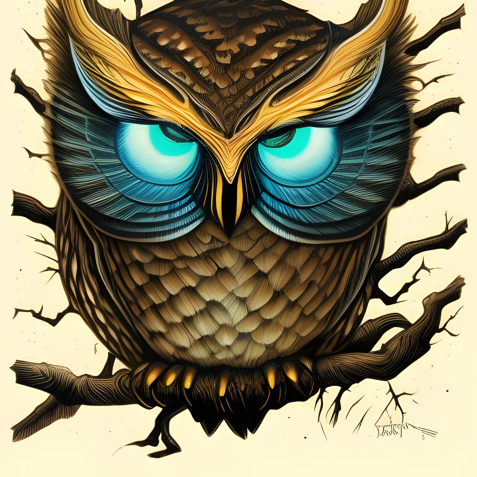Illuminated Owl on Branch: Comic Book Art